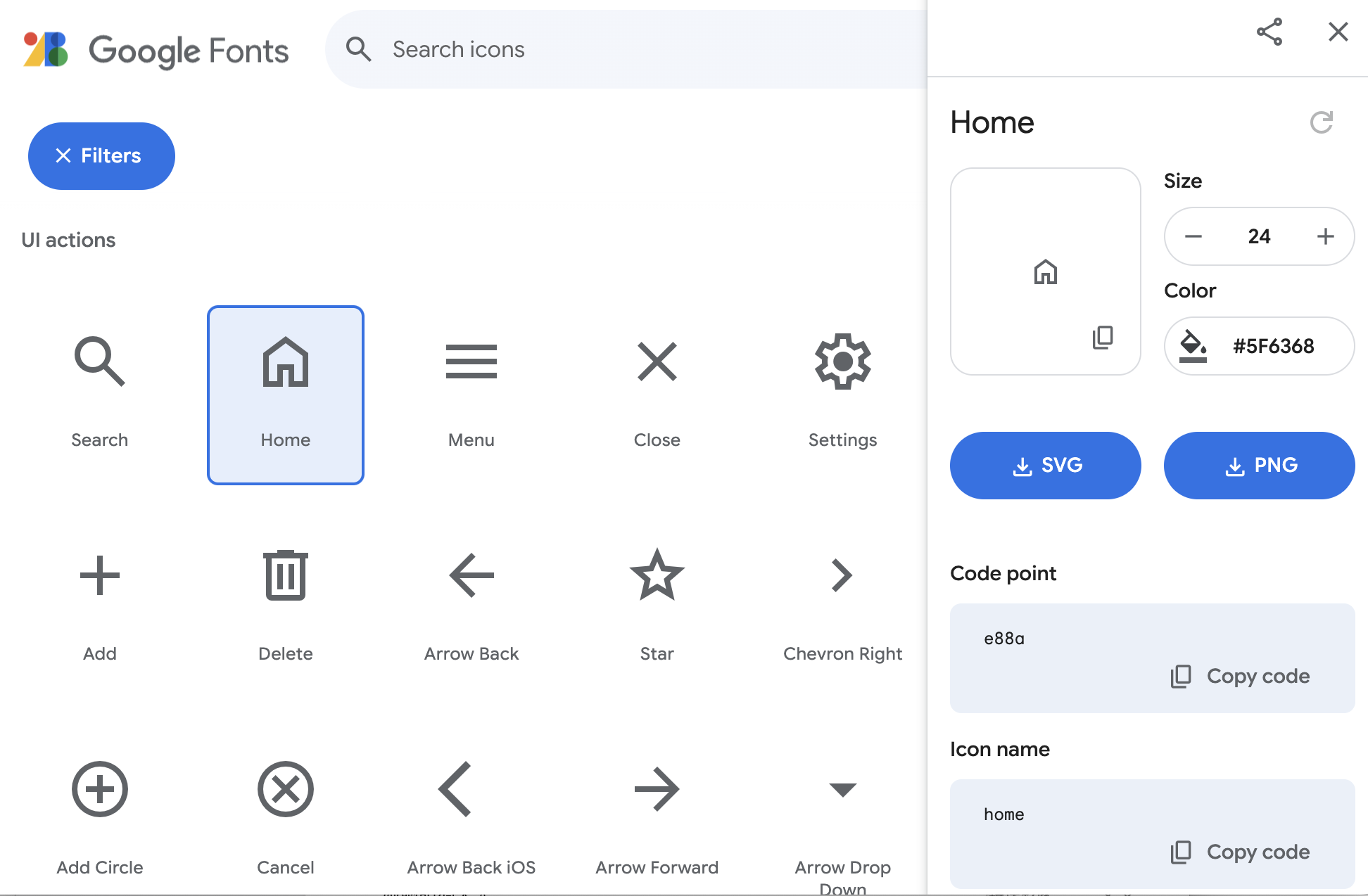 House icon in code point E88A. (Source: Google Material Symbols & Icons)