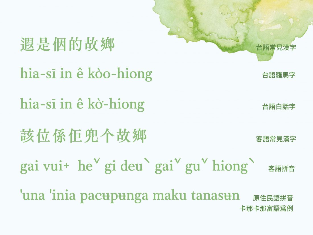 From top to bottom: Taiwanese Hokkien Chinese Character; Taiwanese Hokkien Tâi-lô; Taiwanese Hokkien Pe̍h-ōe-jī; Taiwanese Hakka Chinese Character; Taiwanese Hakka Romanization System; Kanakanavu Romanization System